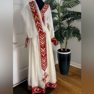Ethiopian/ Eritrean Traditional handmade Elegant White and Red Embroidered Dress
